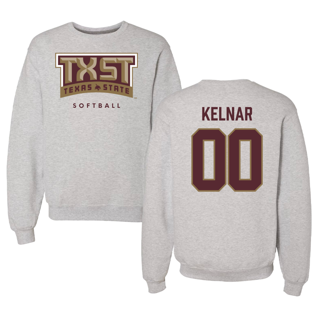 Texas State University Softball Gray Crewneck  - #00 Megan Kelnar