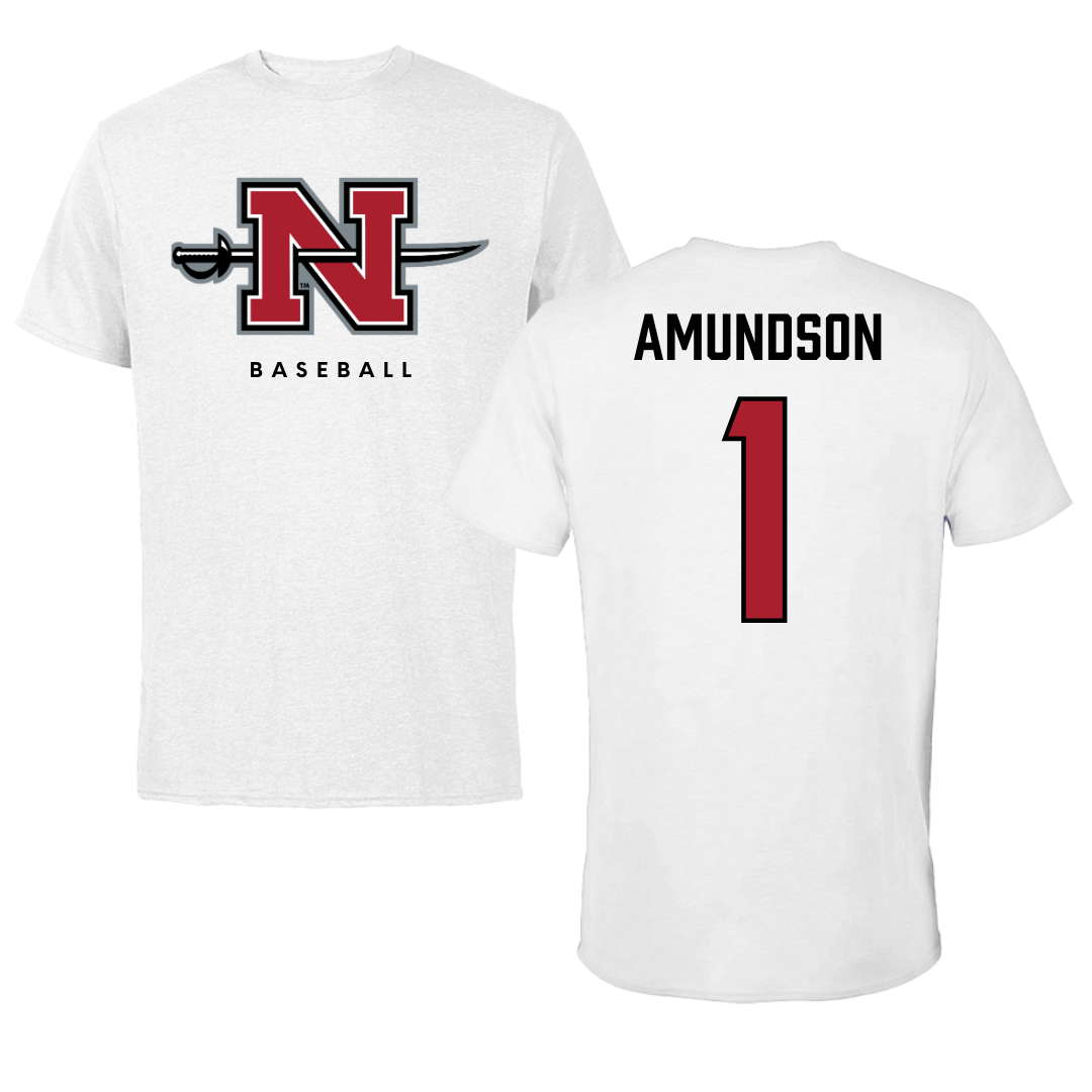 Nicholls State University Baseball White Tee  - #1 Kaden Amundson