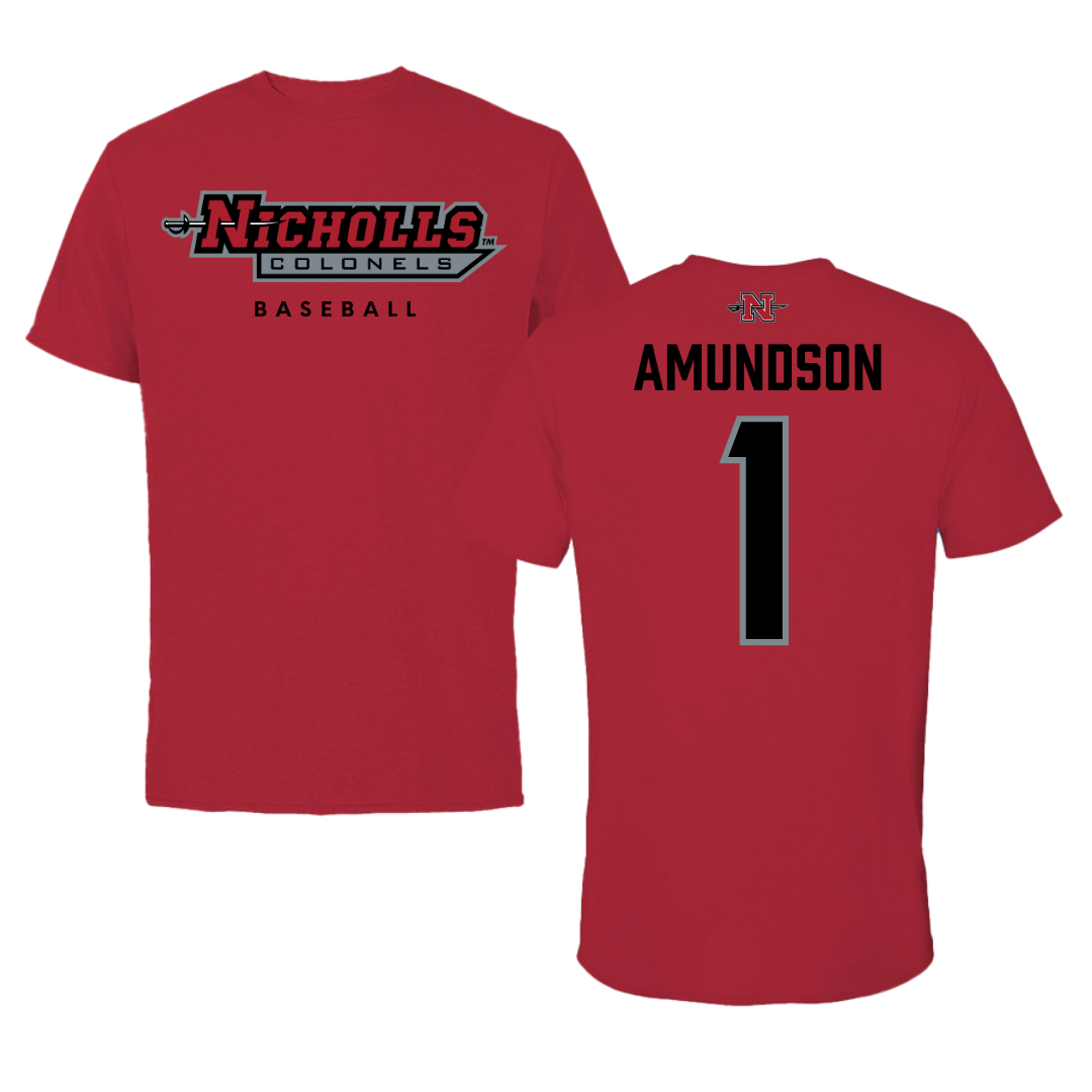Nicholls State University Baseball Red Tee  - #1 Kaden Amundson