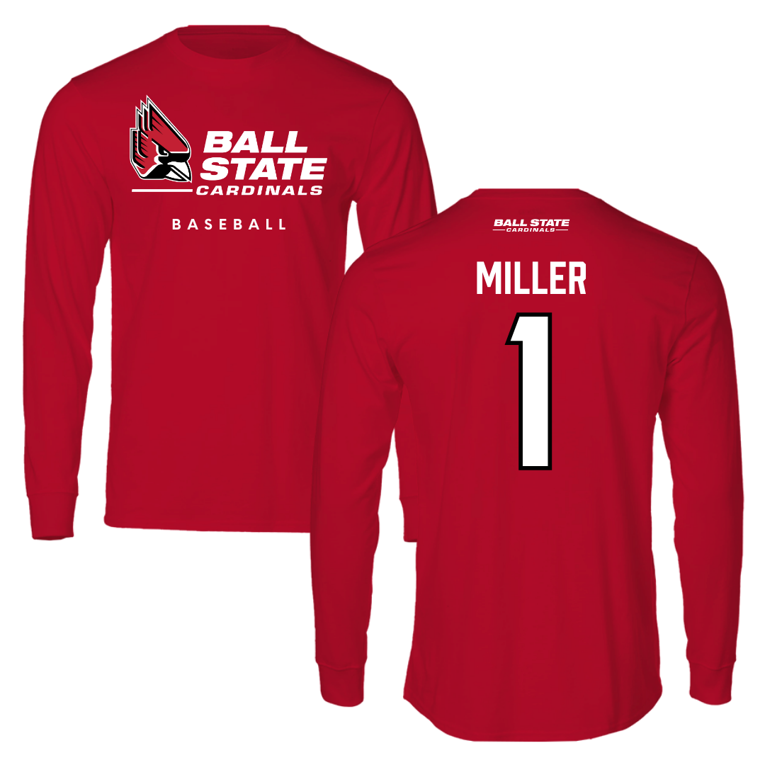 Ball State University Baseball Red Long Sleeve  - #1 Grant Miller