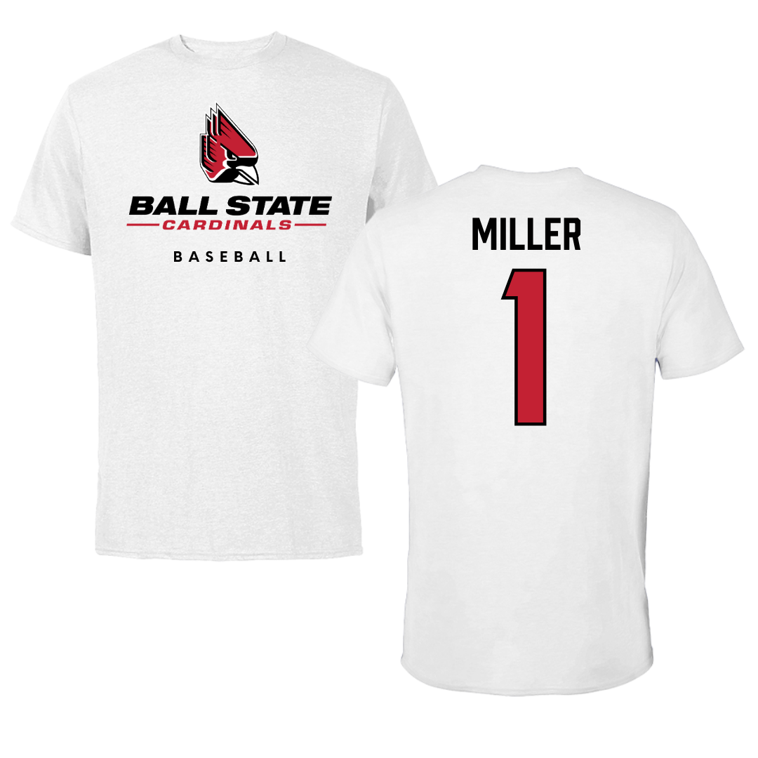 Ball State University Baseball White Tee  - #1 Grant Miller