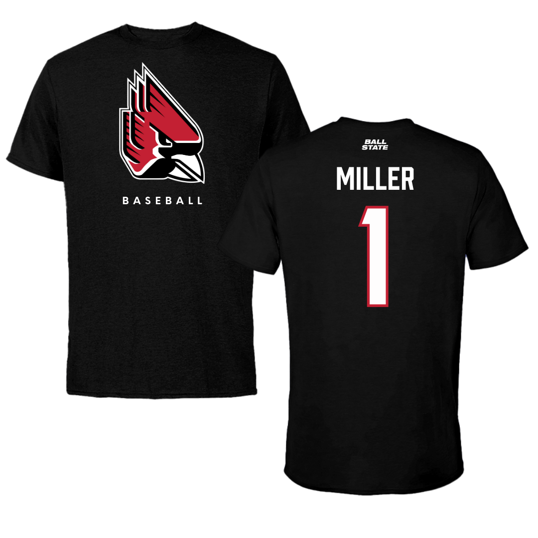 Ball State University Baseball Black Tee  - #1 Grant Miller
