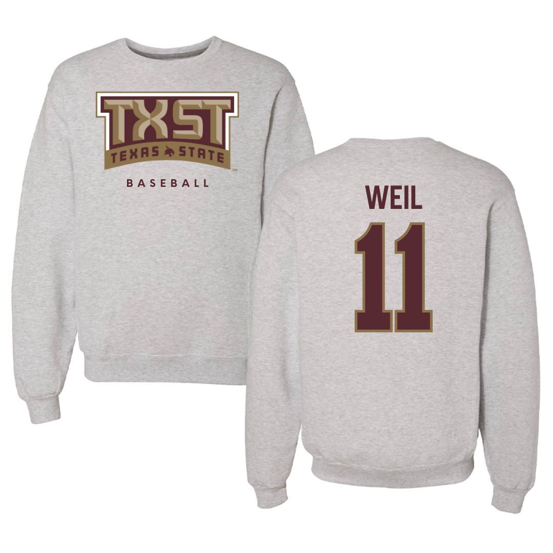 Texas State University Baseball Gray Crewneck  - #11 Kameron Weil