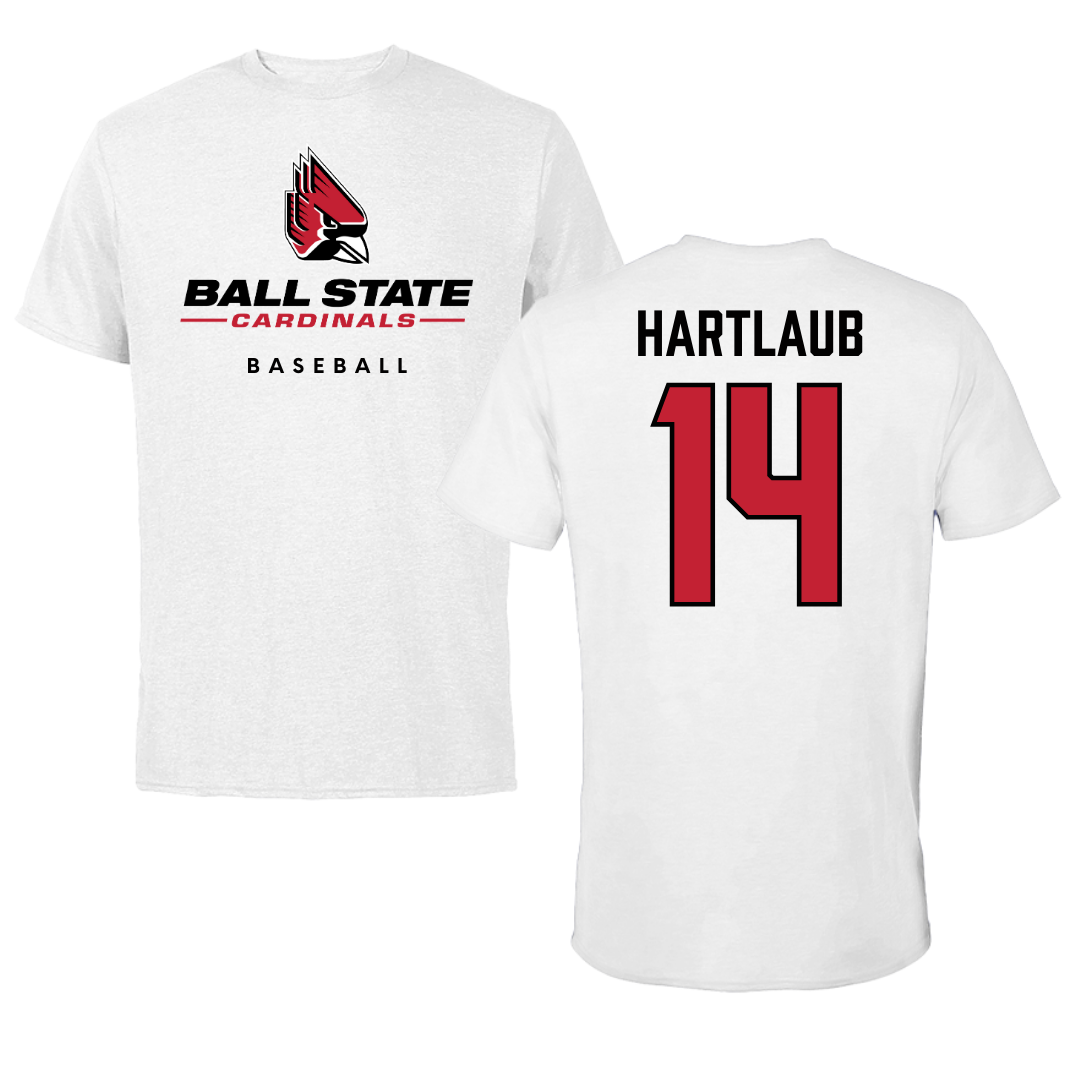 Ball State University Baseball White Tee  - #14 Jacob Hartlaub