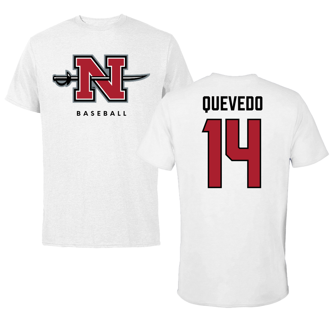 Camiseta blanca de béisbol de la Universidad Estatal Nicholls - #14 Michael Quevedo