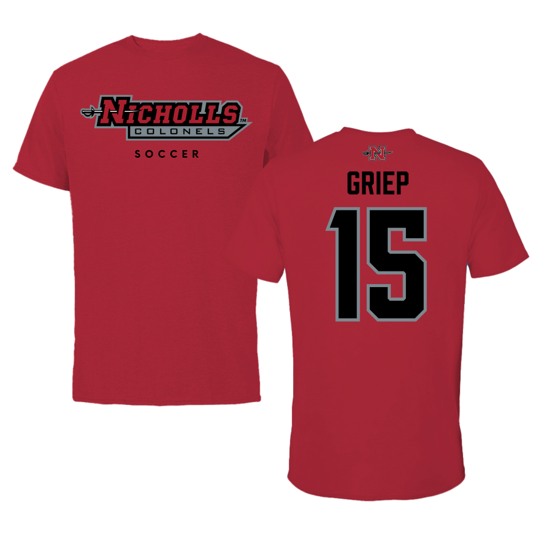 Nicholls State University Soccer Red Tee  - #15 Ryan Griep