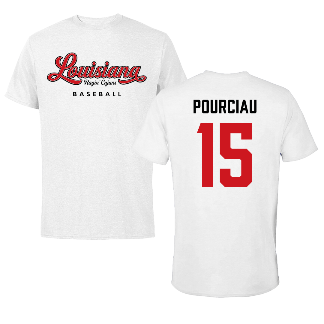 University of Louisiana at Lafayette Baseball White Tee  - #15 Clayton Pourciau
