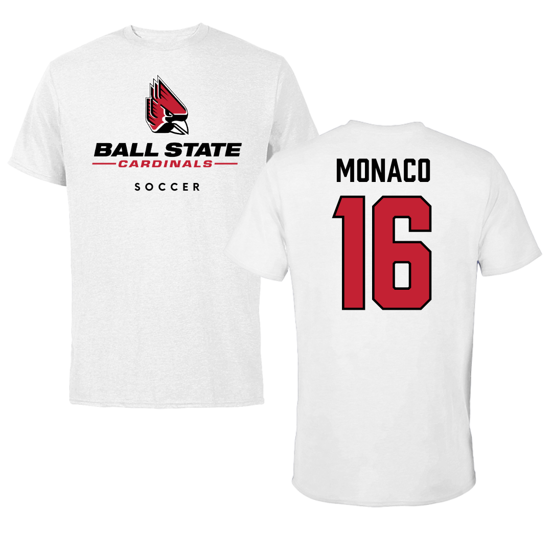 Ball State University Soccer White Tee  - #16 Tori Monaco