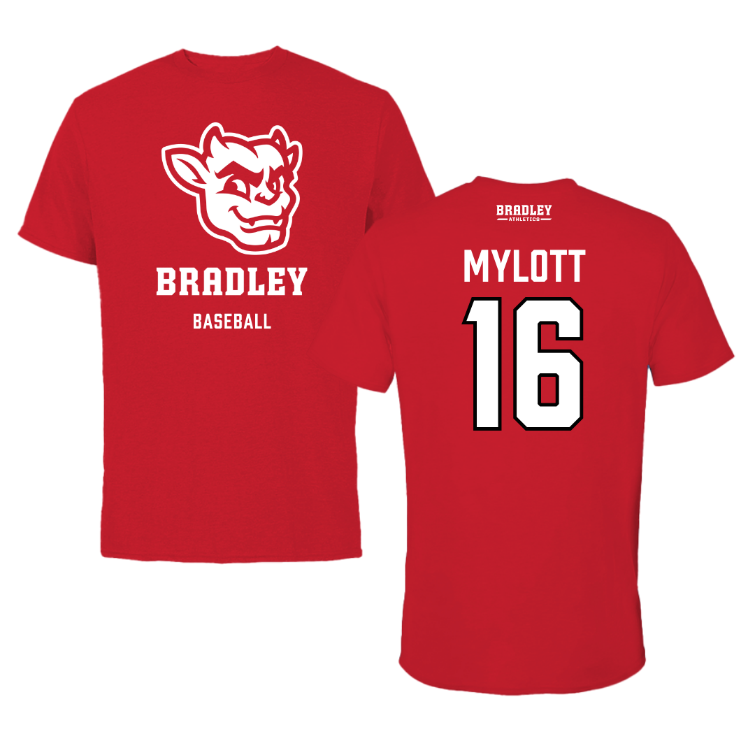 Bradley University Baseball Red Mascot Tee - #16 Michael Mylott
