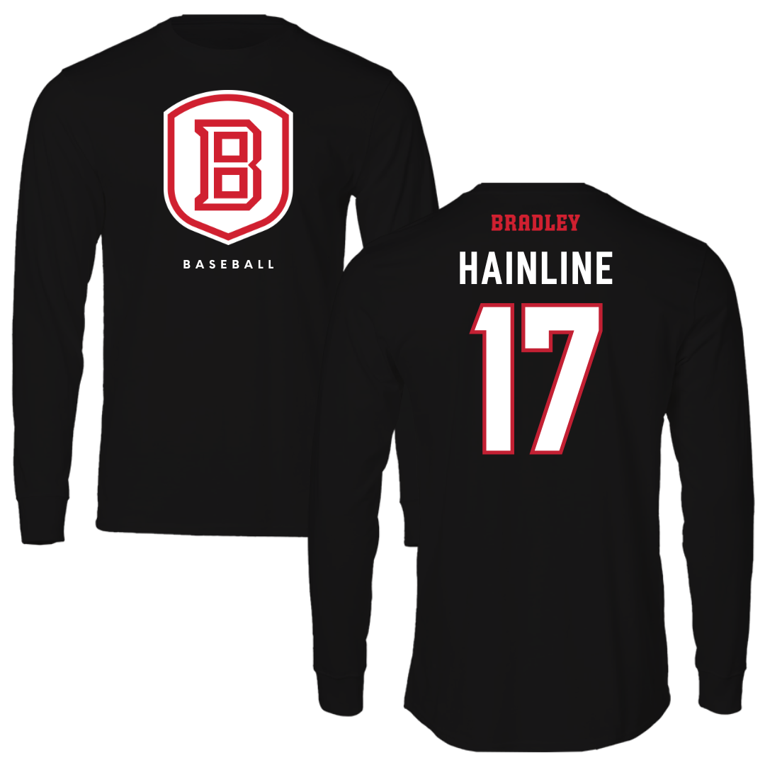 Bradley University Baseball Black Shield Long Sleeve - #17 Nick Hainline