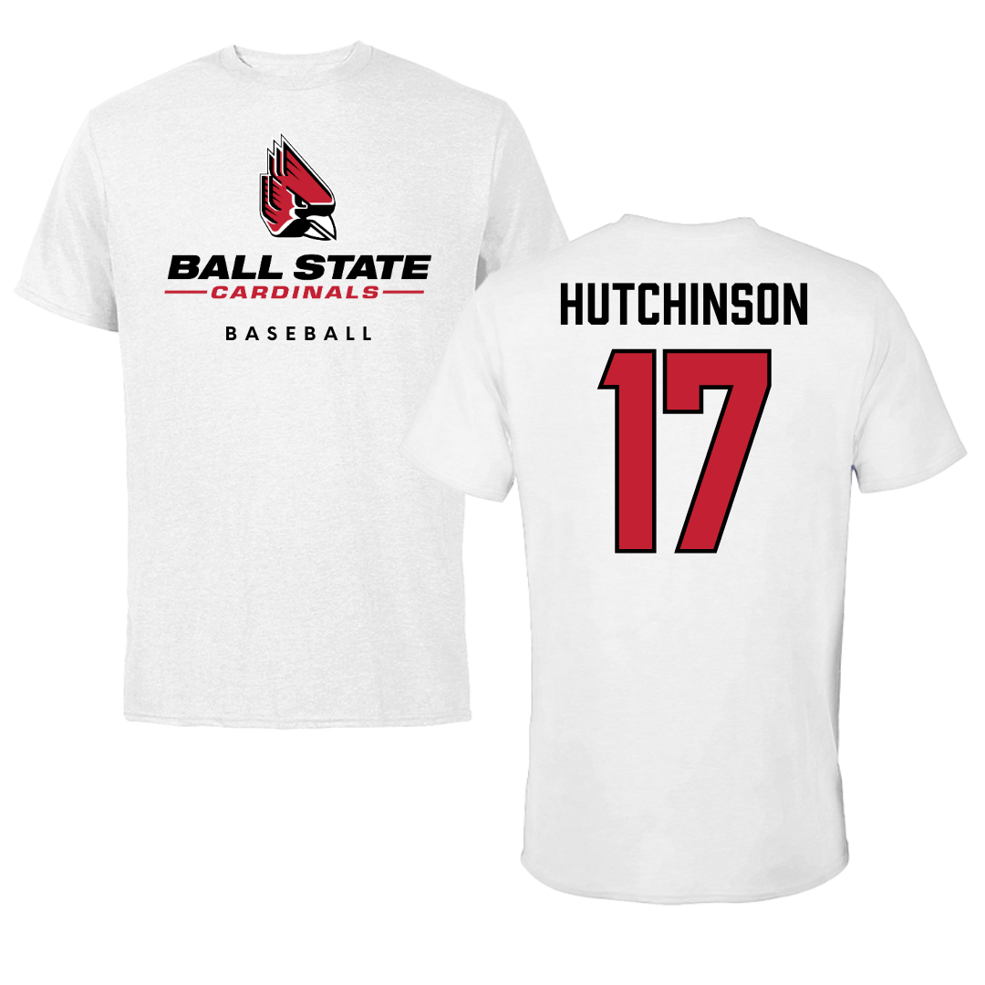 Ball State University Baseball White Tee  - #17 Connor Hutchinson