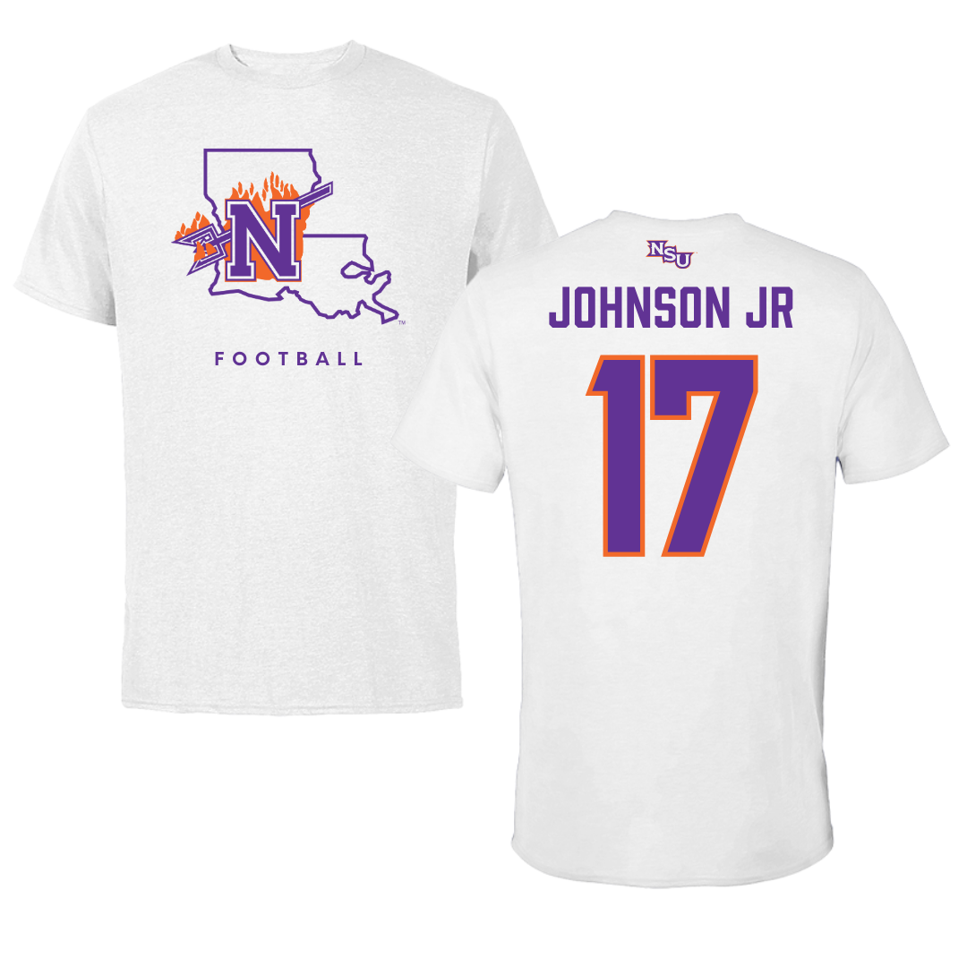 Northwestern State University Football White Tee  - #17 DJ Johnson Jr