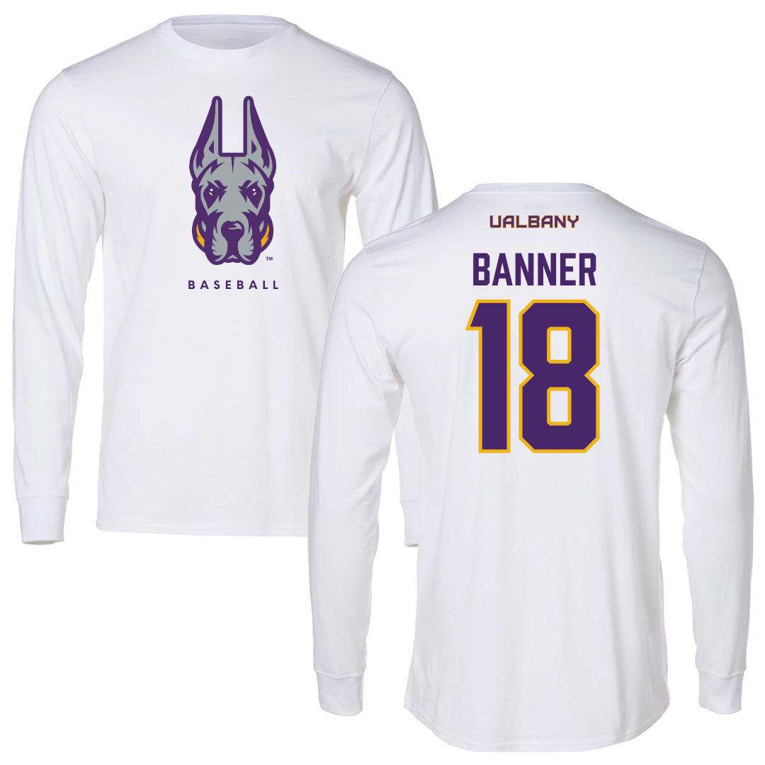 University at Albany Baseball White Long Sleeve  - #18 Dylan Banner