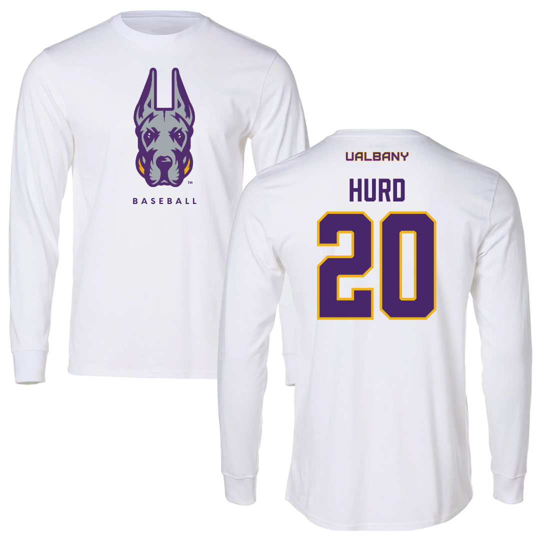 University at Albany Baseball White Long Sleeve  - #20 Justin Hurd