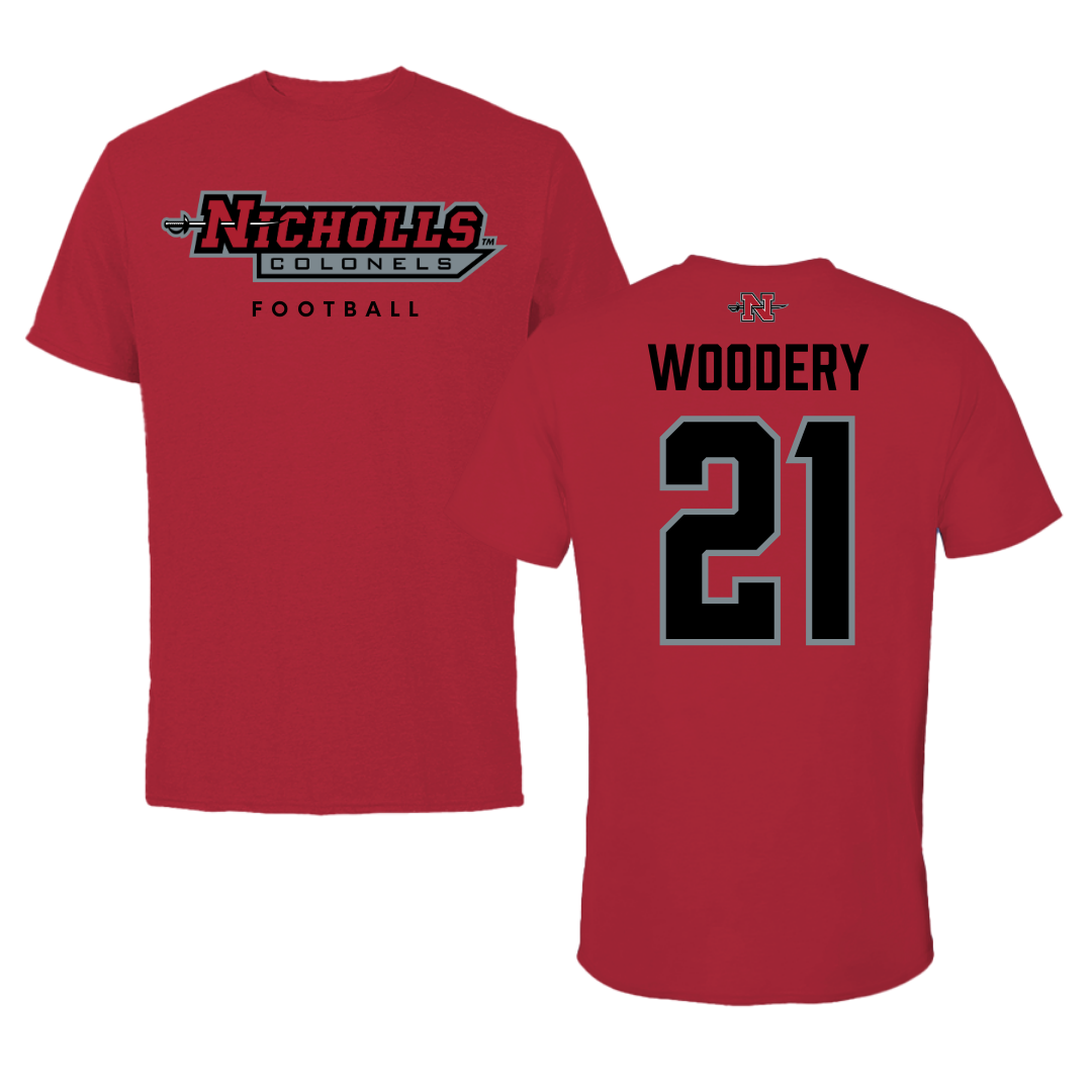 Nicholls State University Football Red Tee  - #21 Malik Woodery