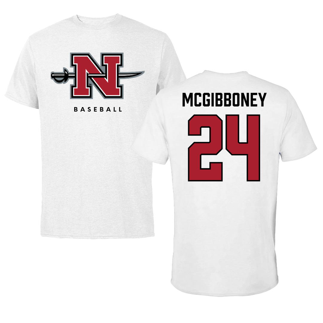 Nicholls State University Baseball White Tee  - #24 Luke McGibboney