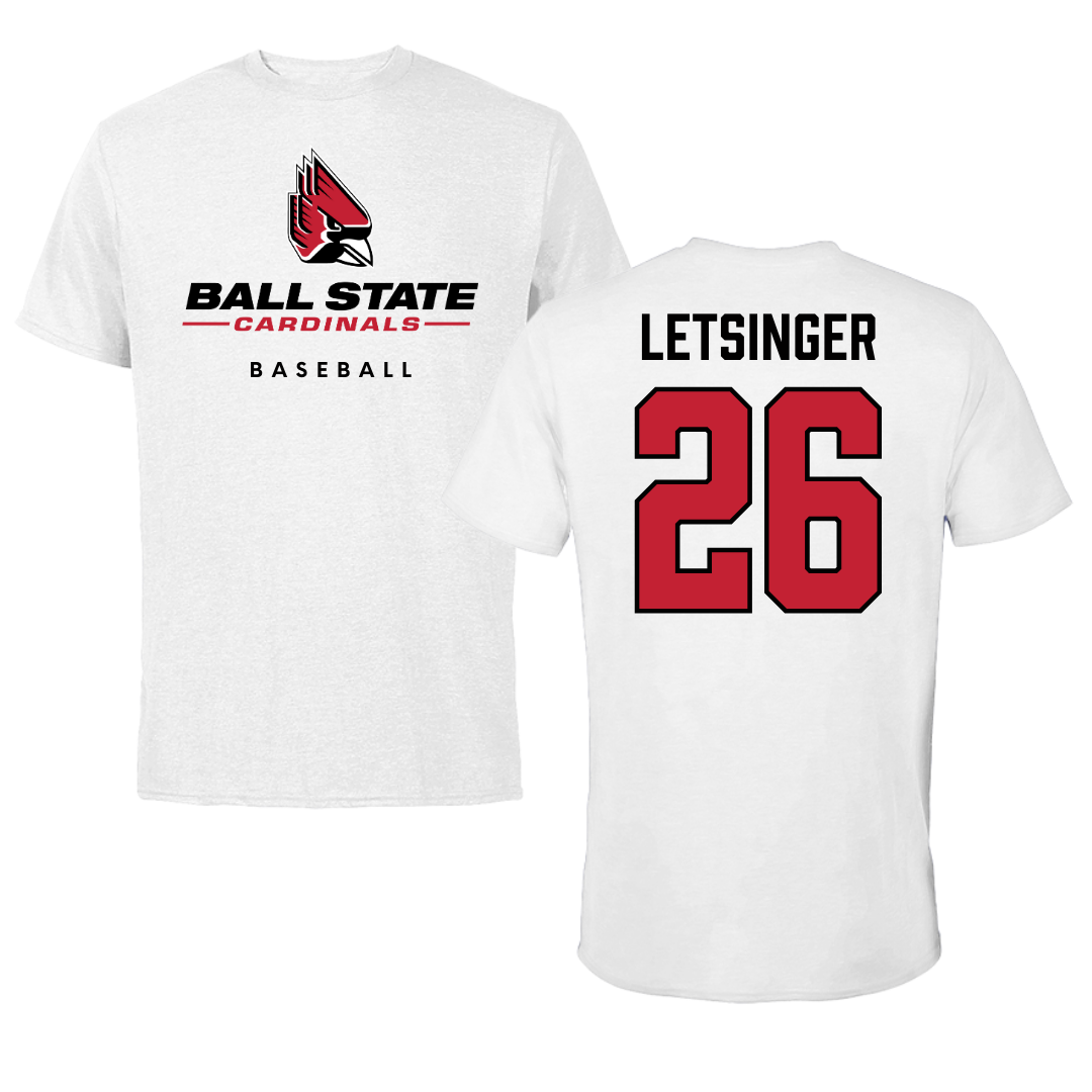 Ball State University Baseball White Tee  - #26 Lucas Letsinger