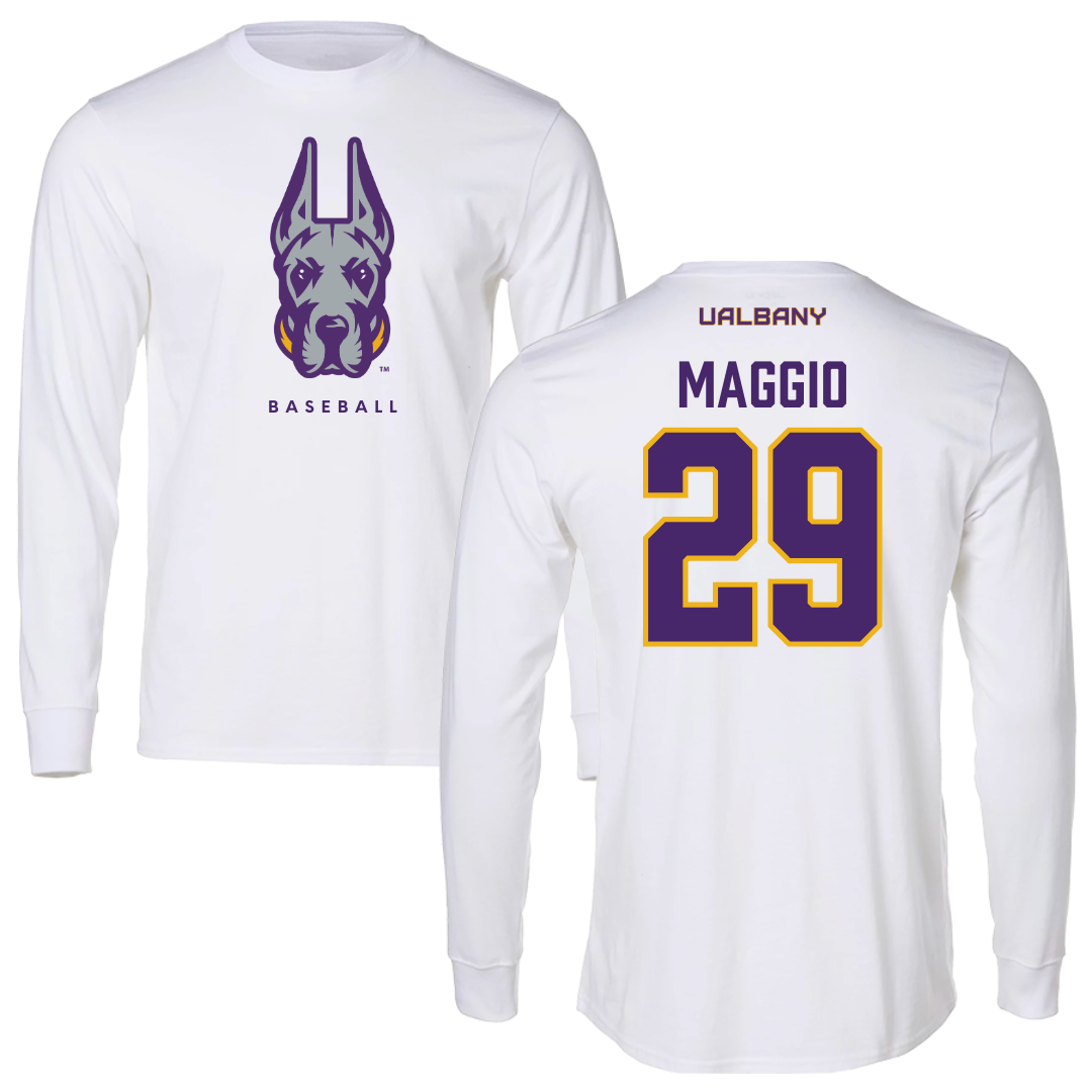 University at Albany Baseball White Long Sleeve  - #29 Michael Maggio