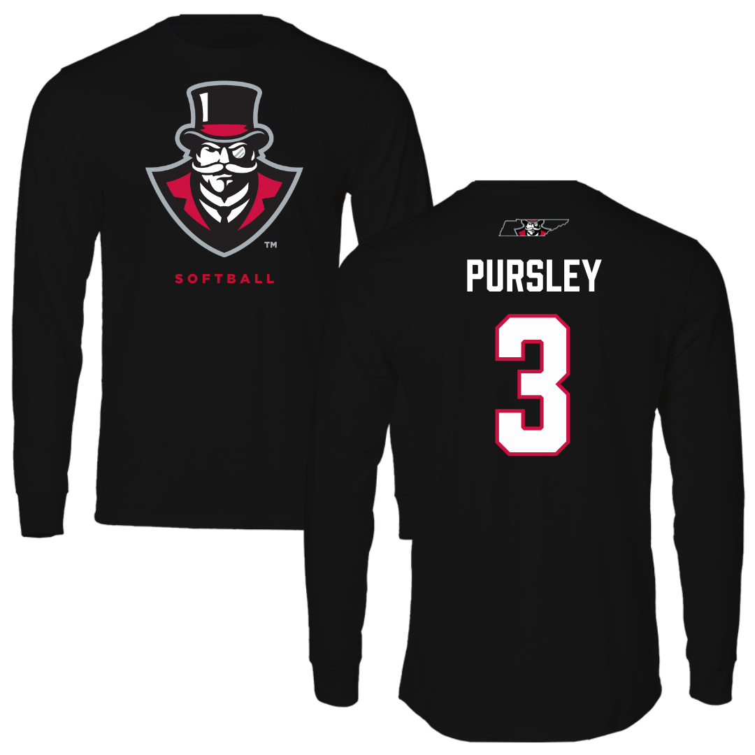 Austin Peay State University Softball Black Mascot Long Sleeve - #3 Charley Pursley