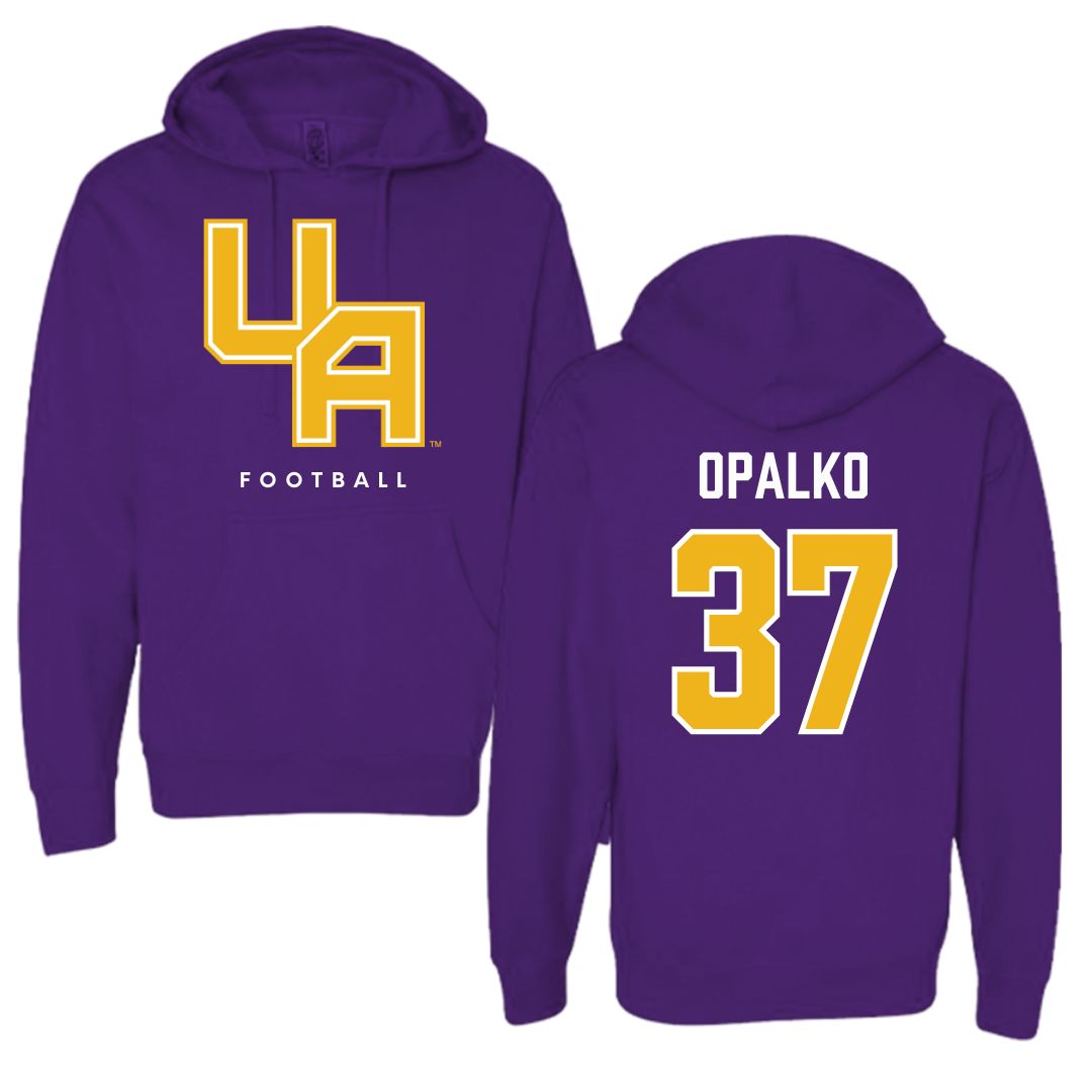 Sudadera con capucha morada de fútbol de la Universidad de Albany - #37 John Opalko