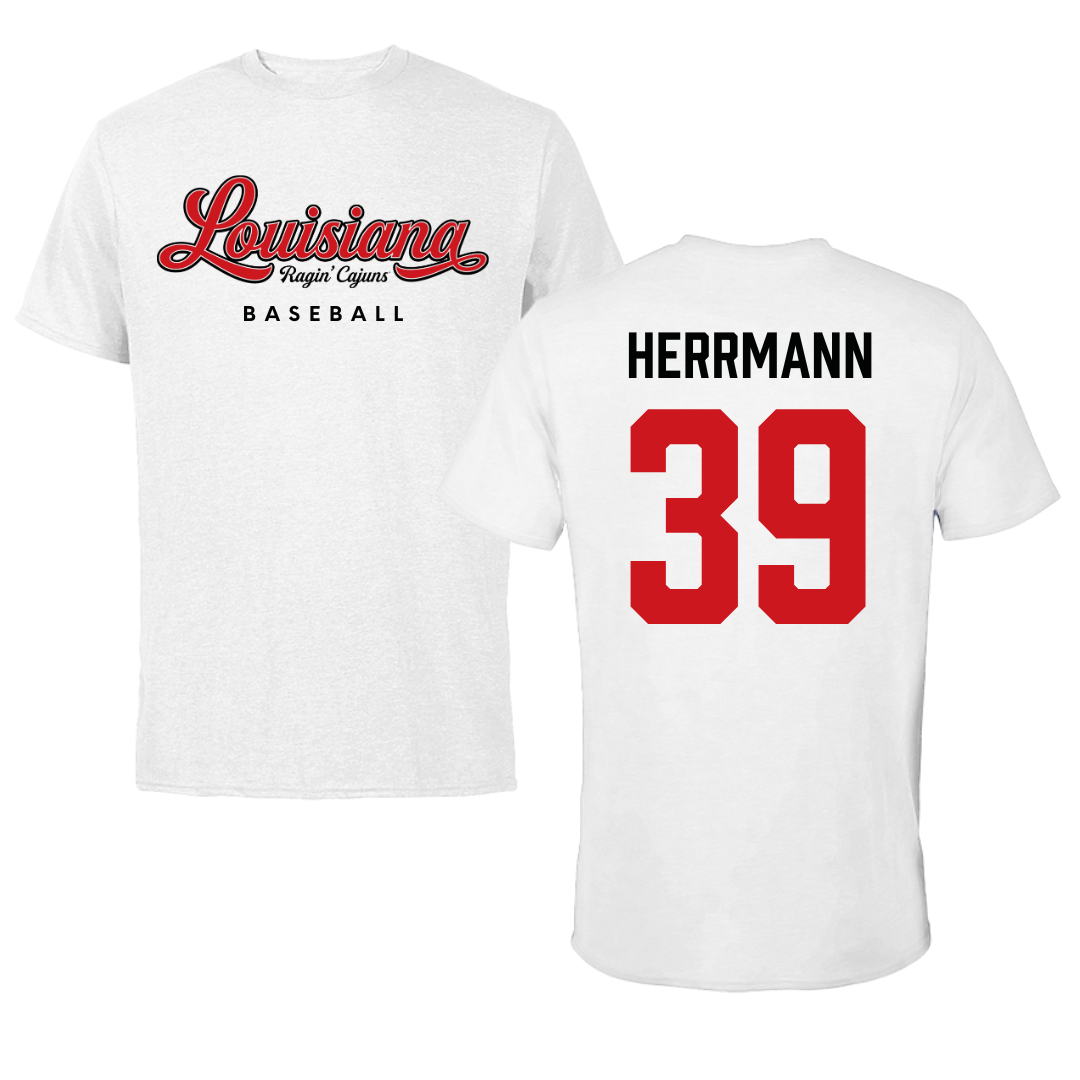 University of Louisiana at Lafayette Baseball White Tee  - #39 Andrew Herrmann