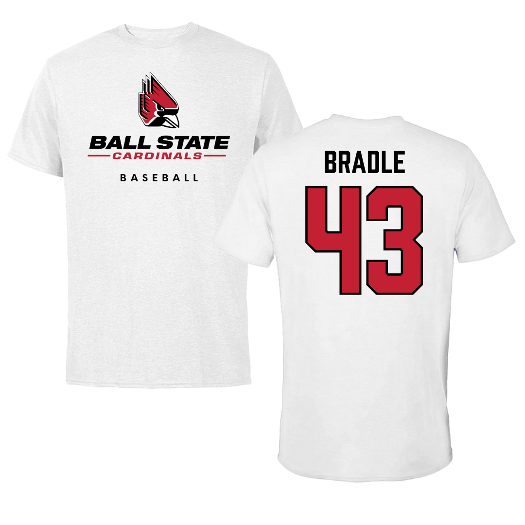 Ball State University Baseball White Tee  - #43 Ty Bradle