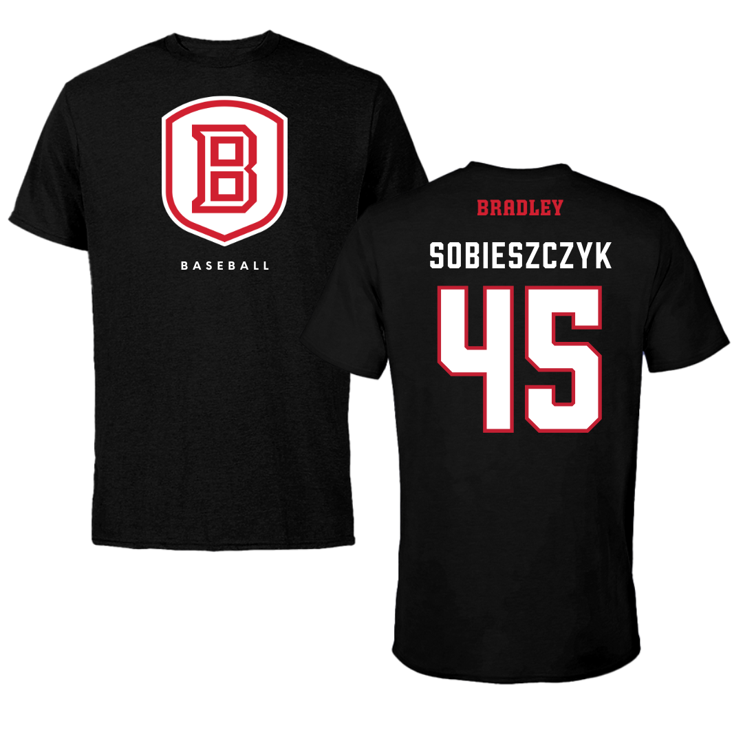 Bradley University Baseball Black Shield Tee - #45 Isaac Sobieszczyk