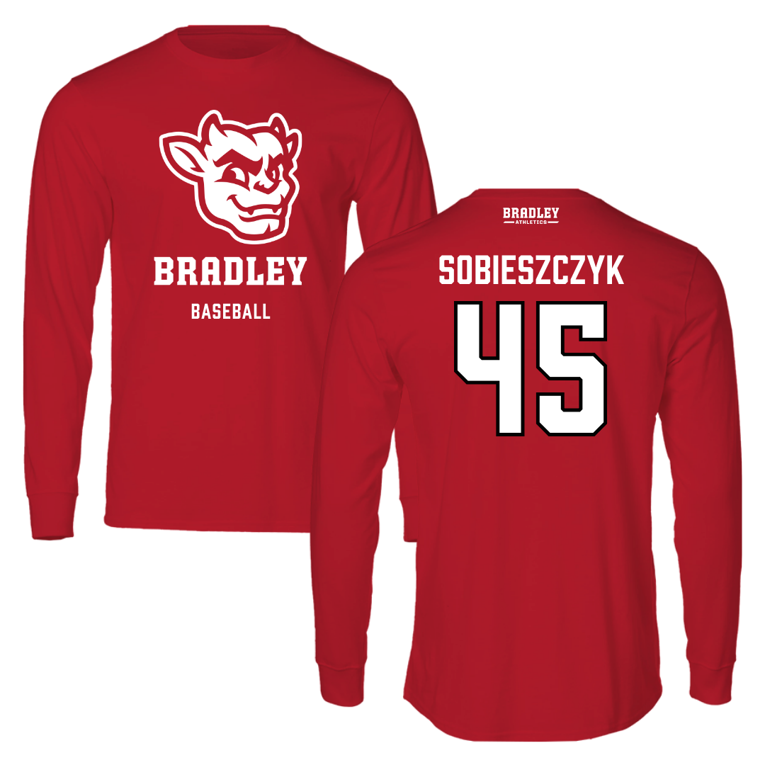 Bradley University Baseball Red Mascot Long Sleeve - #45 Isaac Sobieszczyk