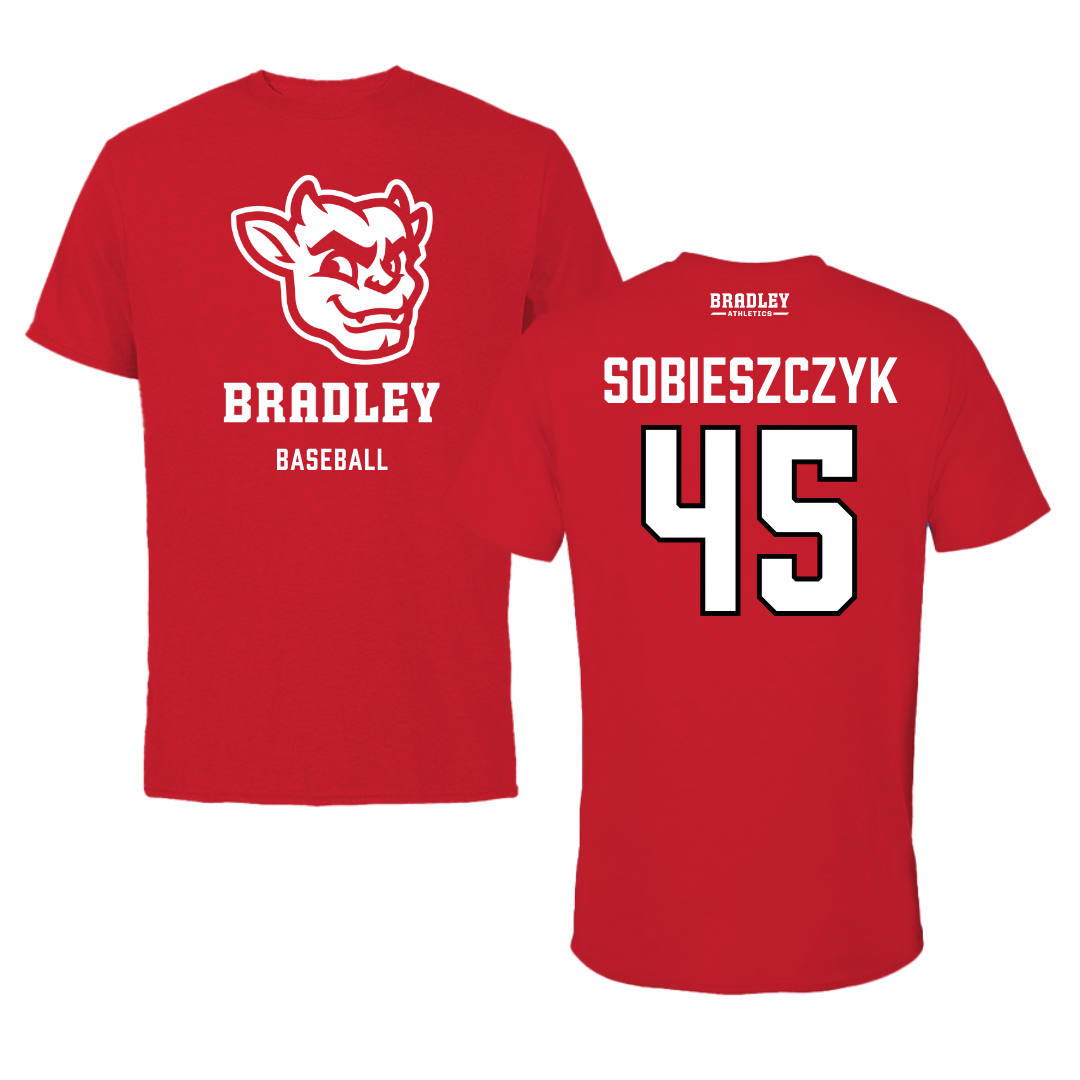 Bradley University Baseball Red Mascot Tee  - #45 Isaac Sobieszczyk