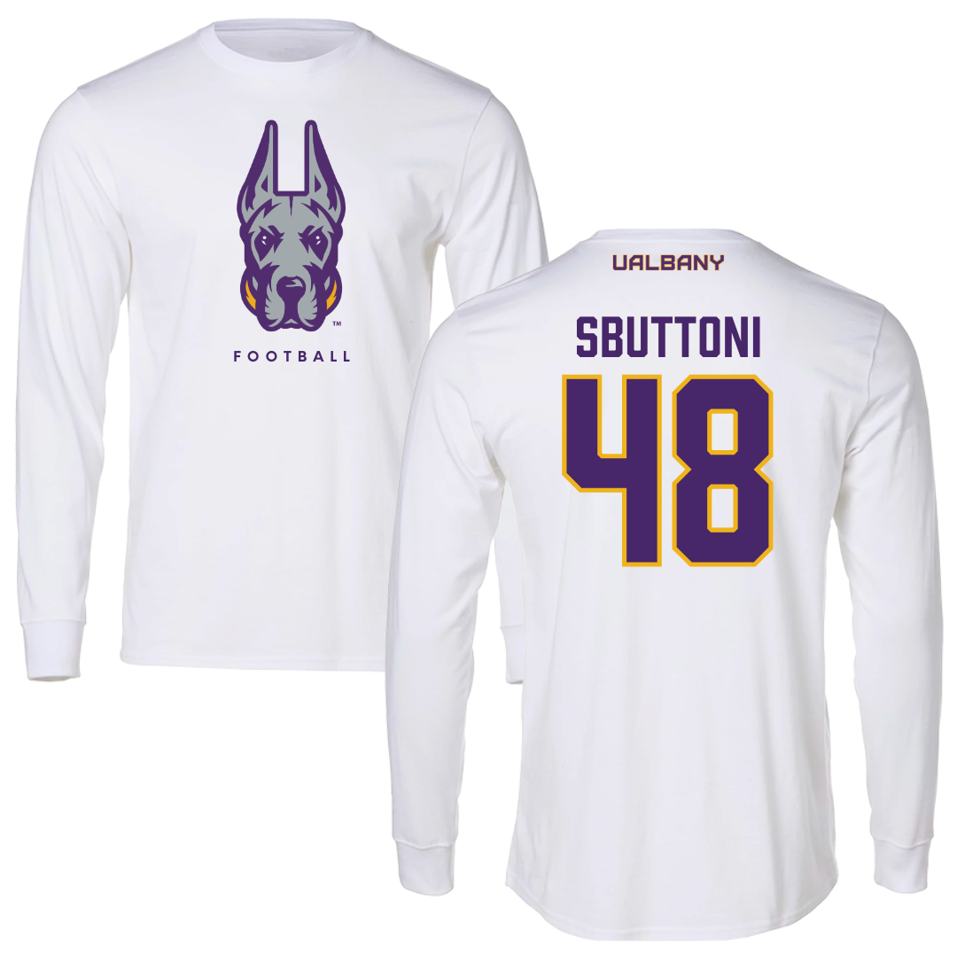 University at Albany Football White Long Sleeve  - #48 Michael Sbuttoni