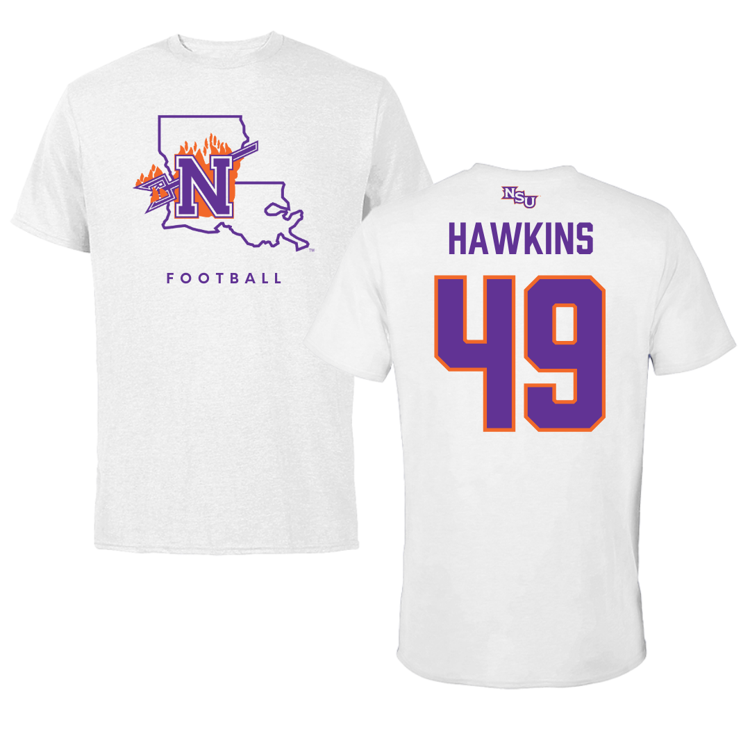 Northwestern State University Football White Tee  - #49 Christian Hawkins