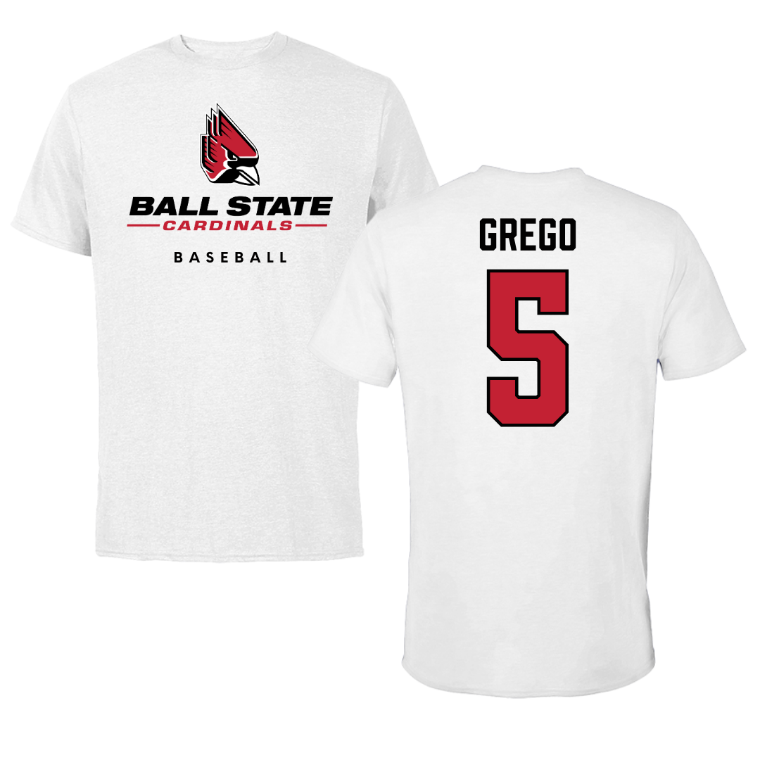 Ball State University Baseball White Tee  - #5 Dylan Grego