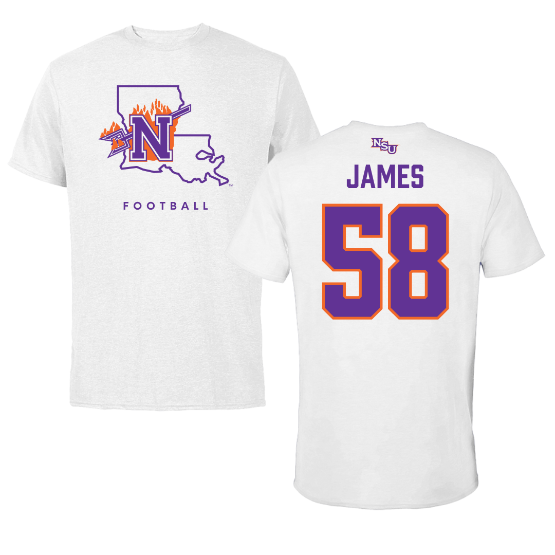 Northwestern State University Football White Tee  - #58 Coby James