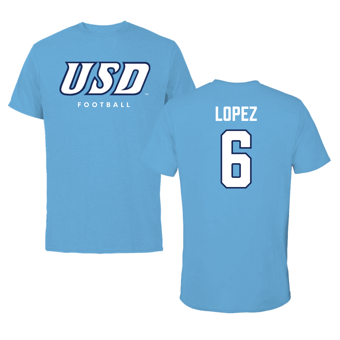 University of San Diego Football Carolina Blue Tee  - #6 Ruben Lopez