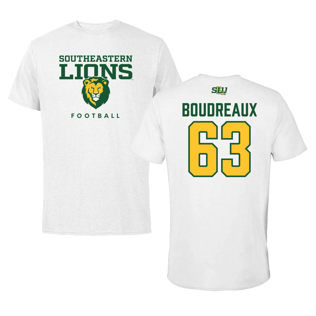 Southeastern Louisiana University Football White Tee  - #63 Corin Boudreaux