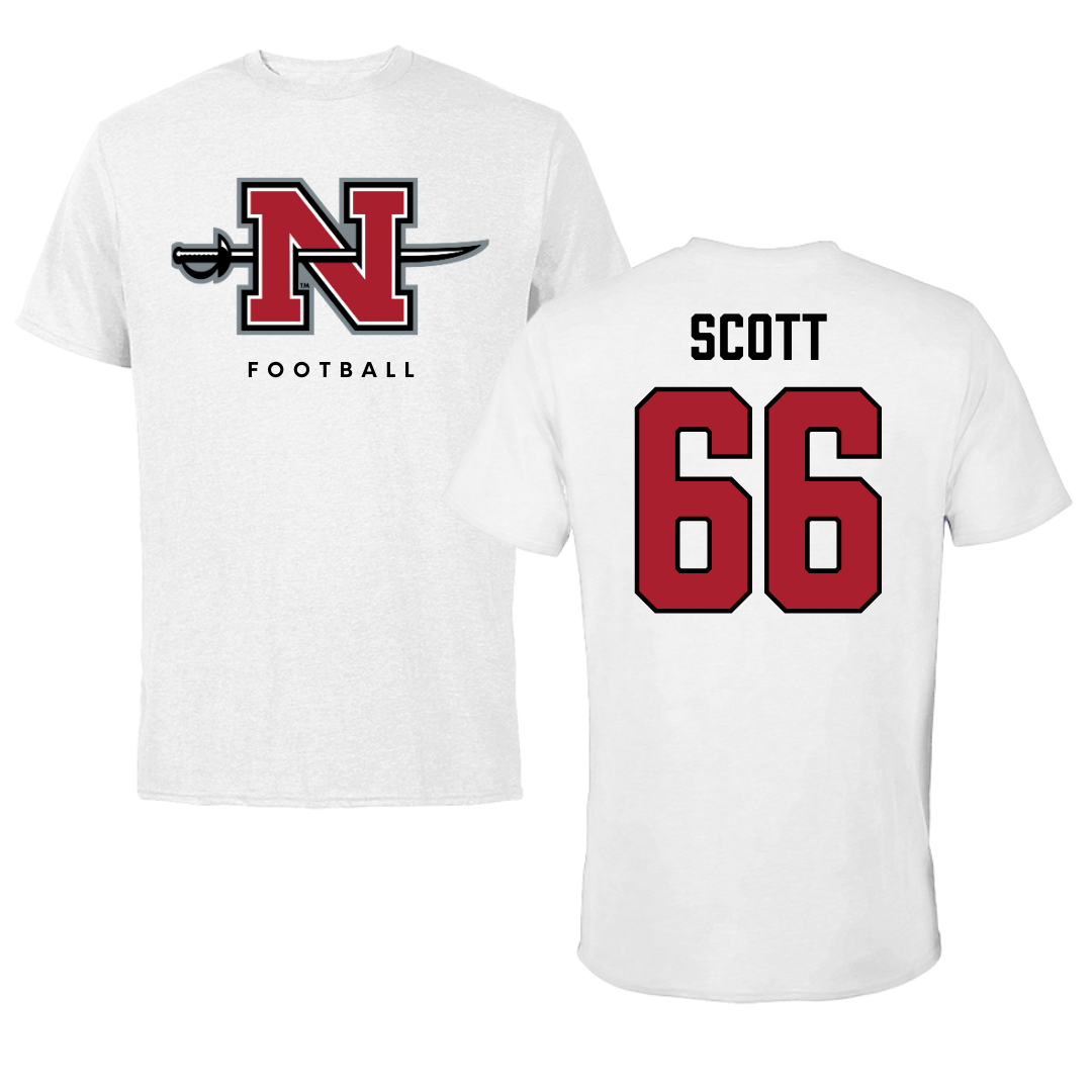 Nicholls State University Football White Tee  - #66 Sameij Scott