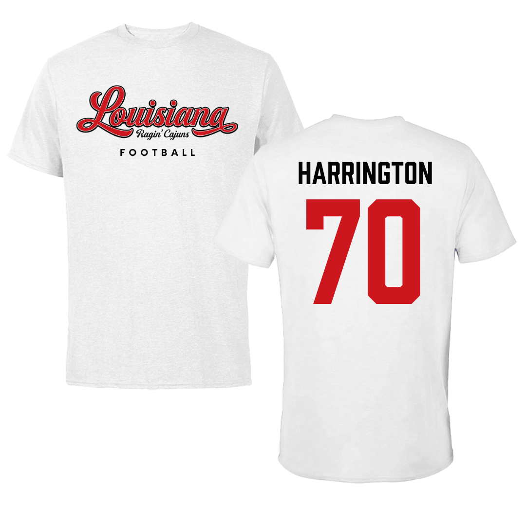 University of Louisiana at Lafayette Football White Tee  - #70 Jax Harrington