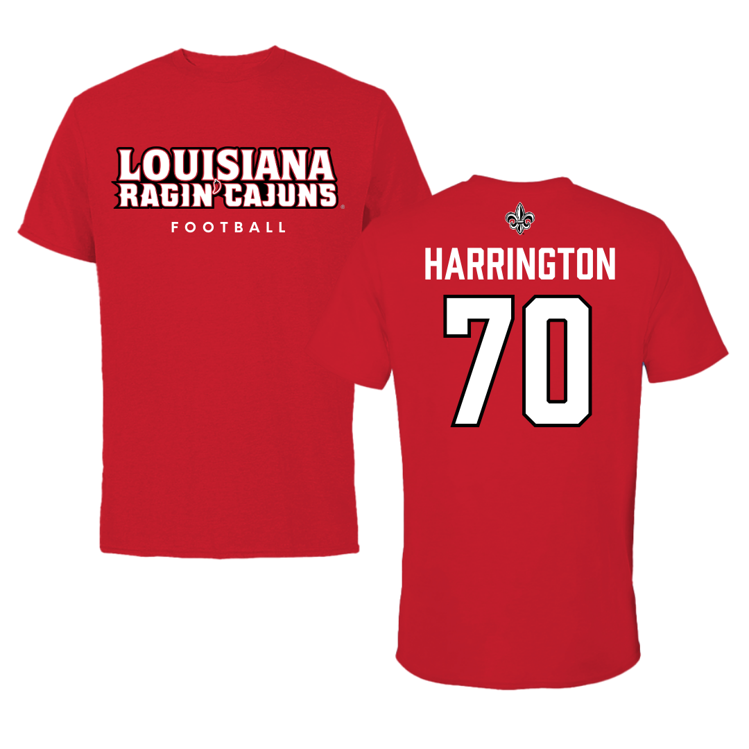 University of Louisiana at Lafayette Football Red Tee  - #70 Jax Harrington