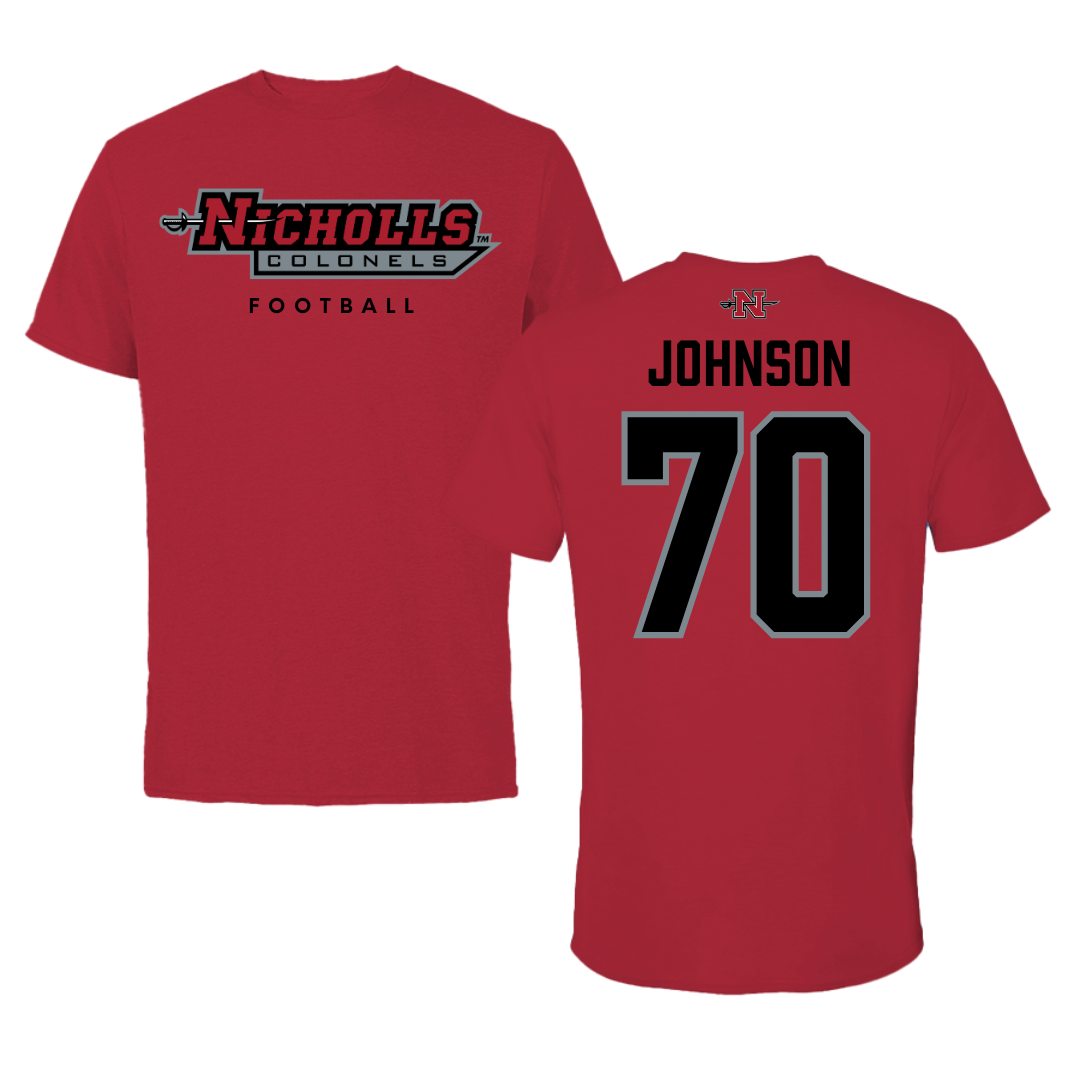 Nicholls State University Football Red Tee  - #70 Jacob Johnson