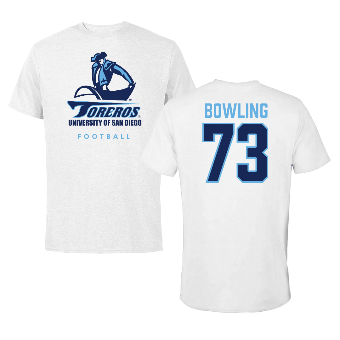 University of San Diego Football White Tee  - #73 Evans Bowling