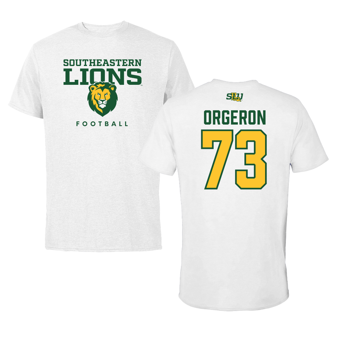 Southeastern Louisiana University Football White Tee  - #73 Jhy Orgeron