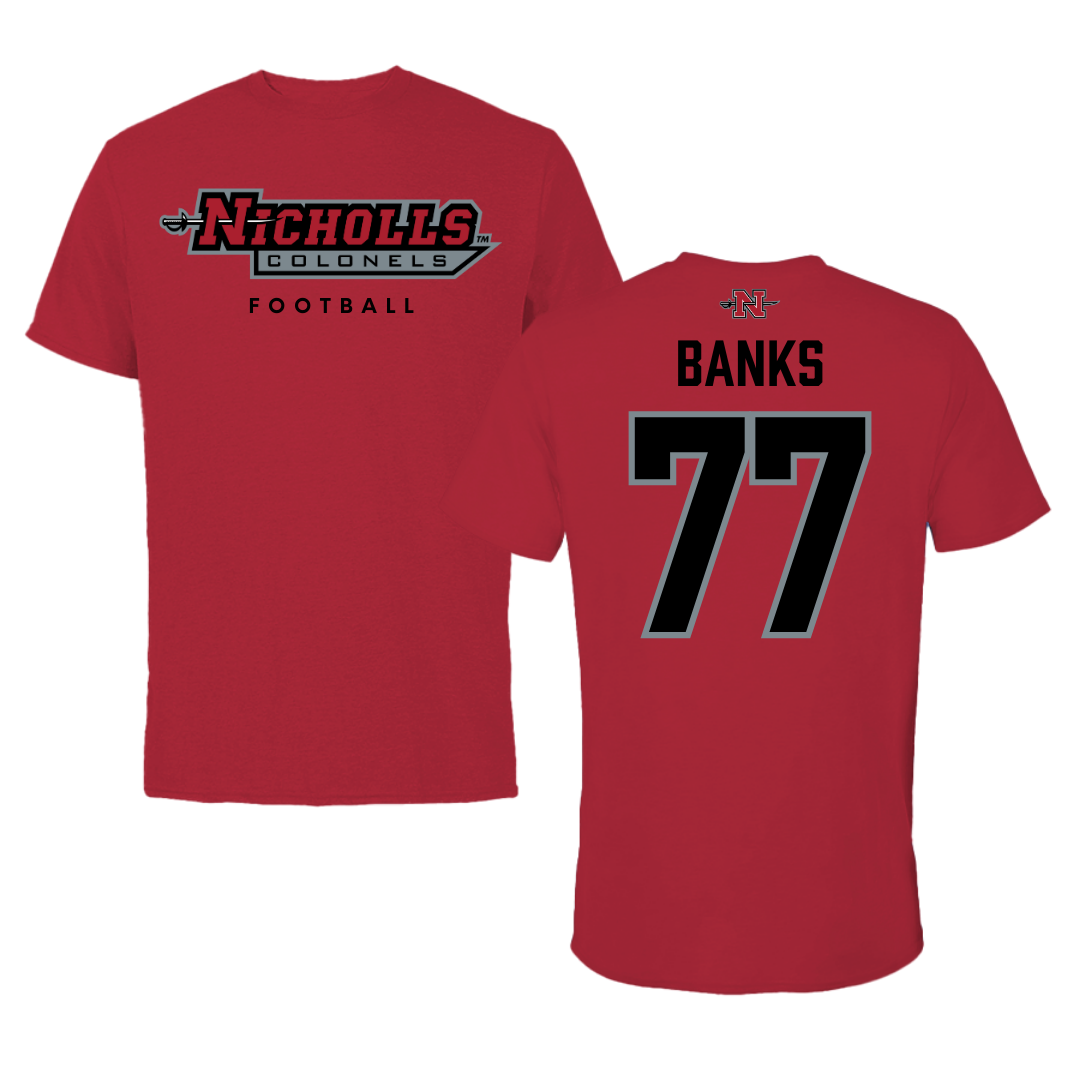Nicholls State University Football Red Tee  - #77 Cam Banks