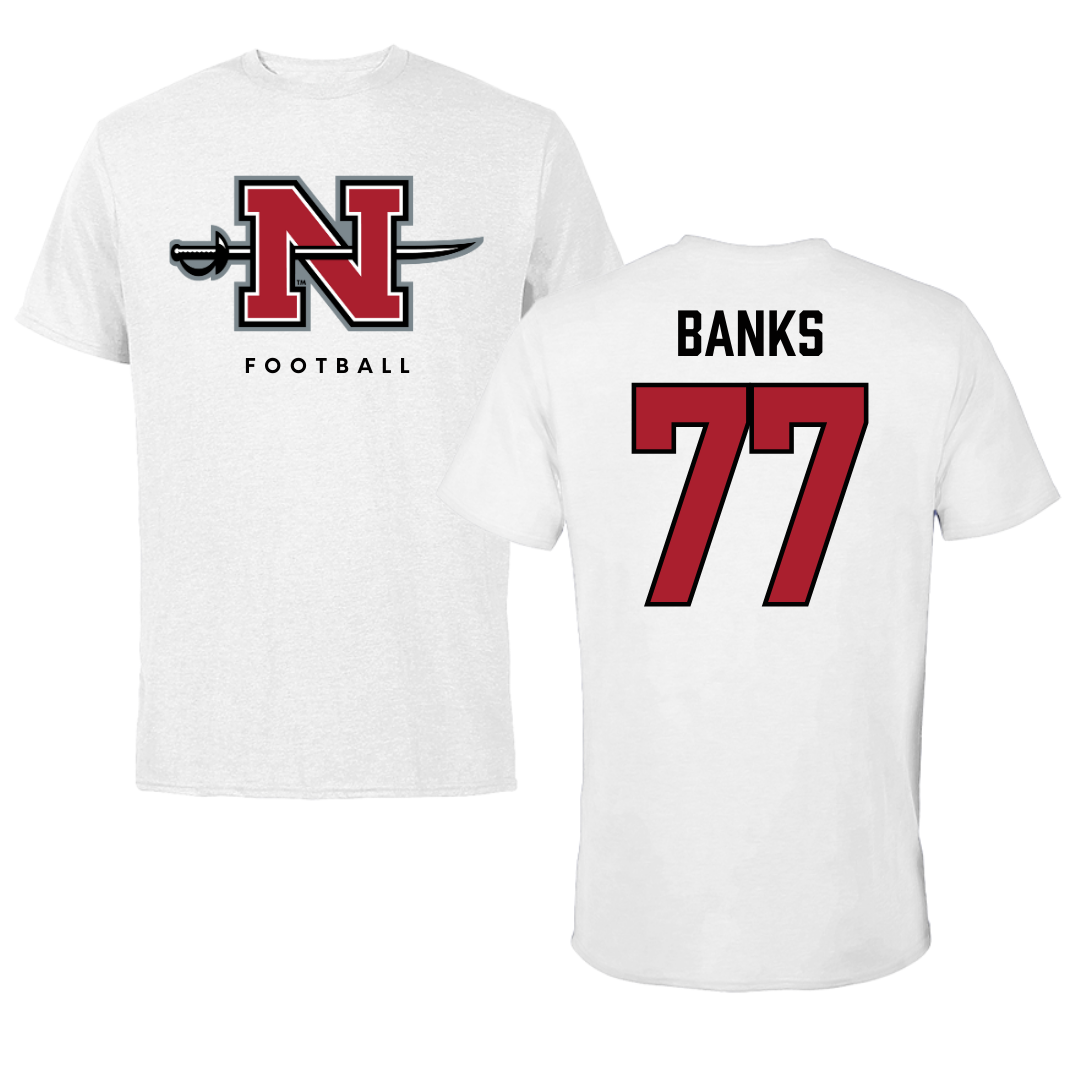 Nicholls State University Football White Tee  - #77 Cam Banks