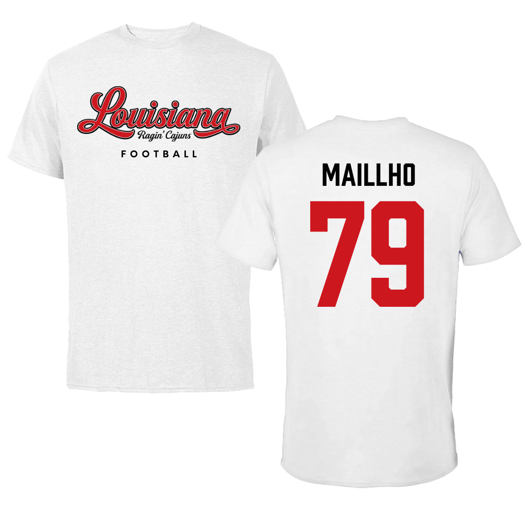 University of Louisiana at Lafayette Football White Tee  - #79 Mackey Maillho