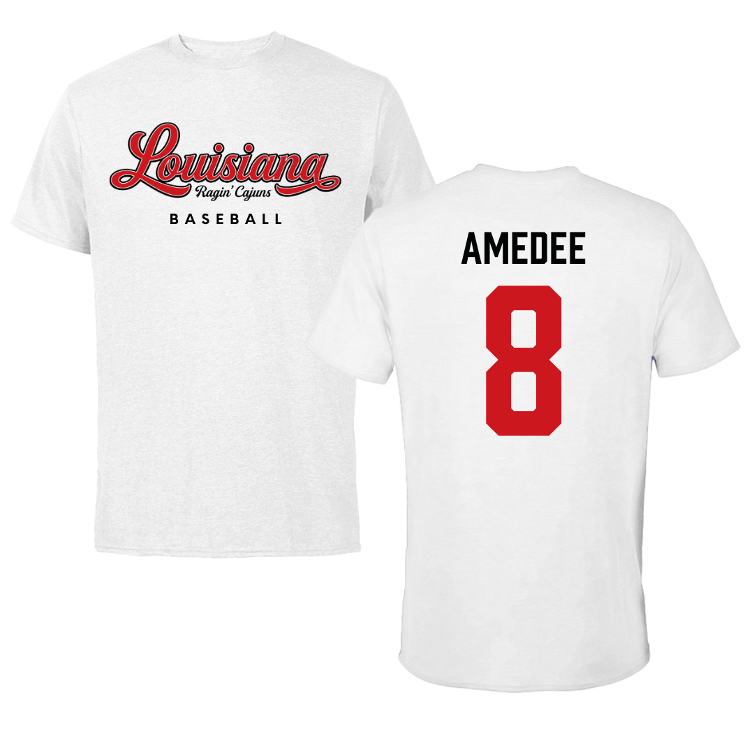 University of Louisiana at Lafayette Baseball White Tee  - #8 Lee Amedee