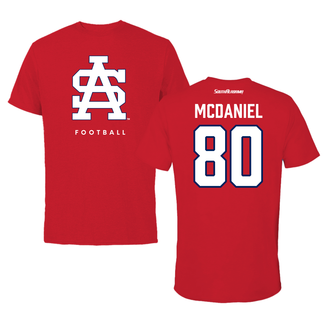University of South Alabama Football Red Tee  - #80 Hollis McDaniel