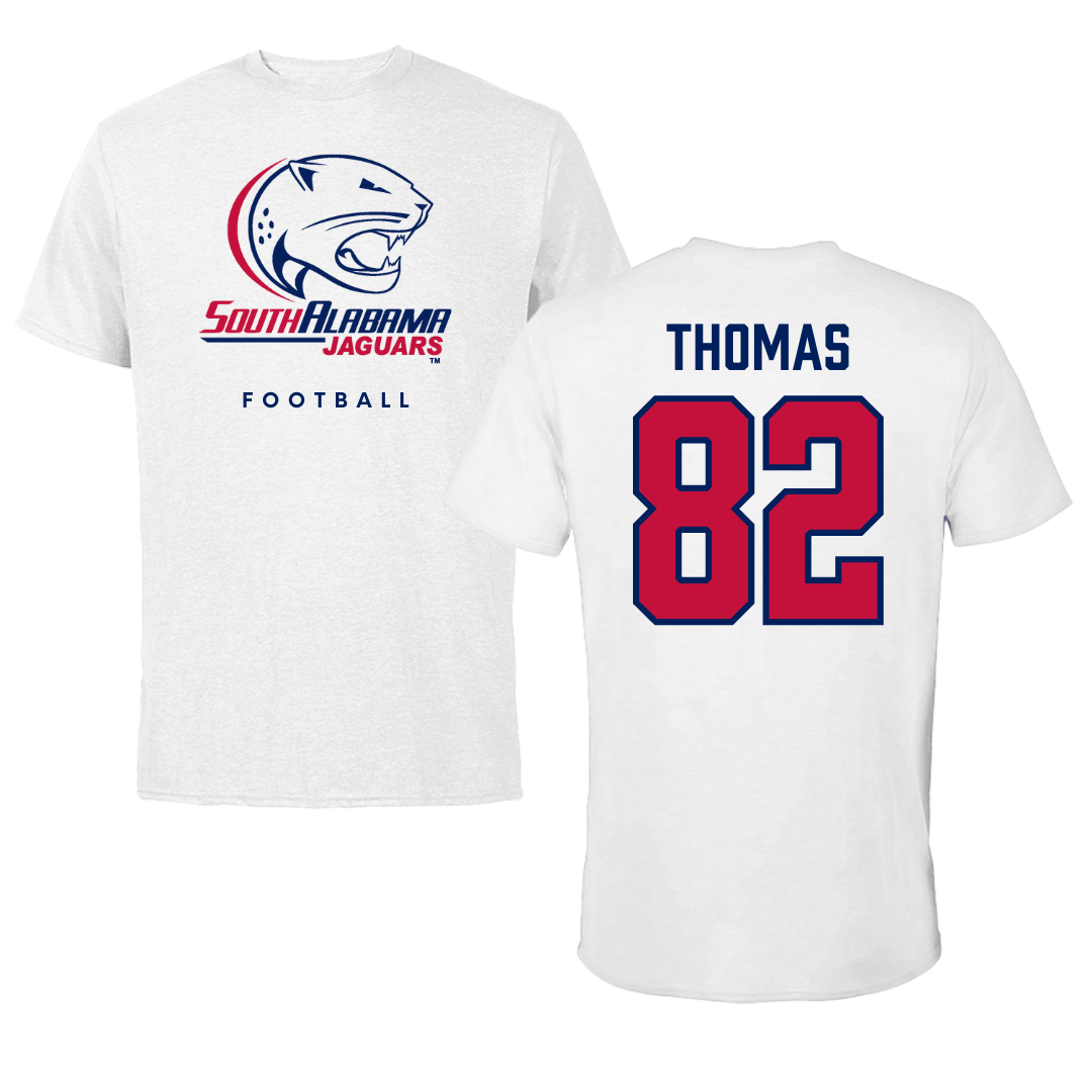 University of South Alabama Football White Tee  - #82 Trent Thomas