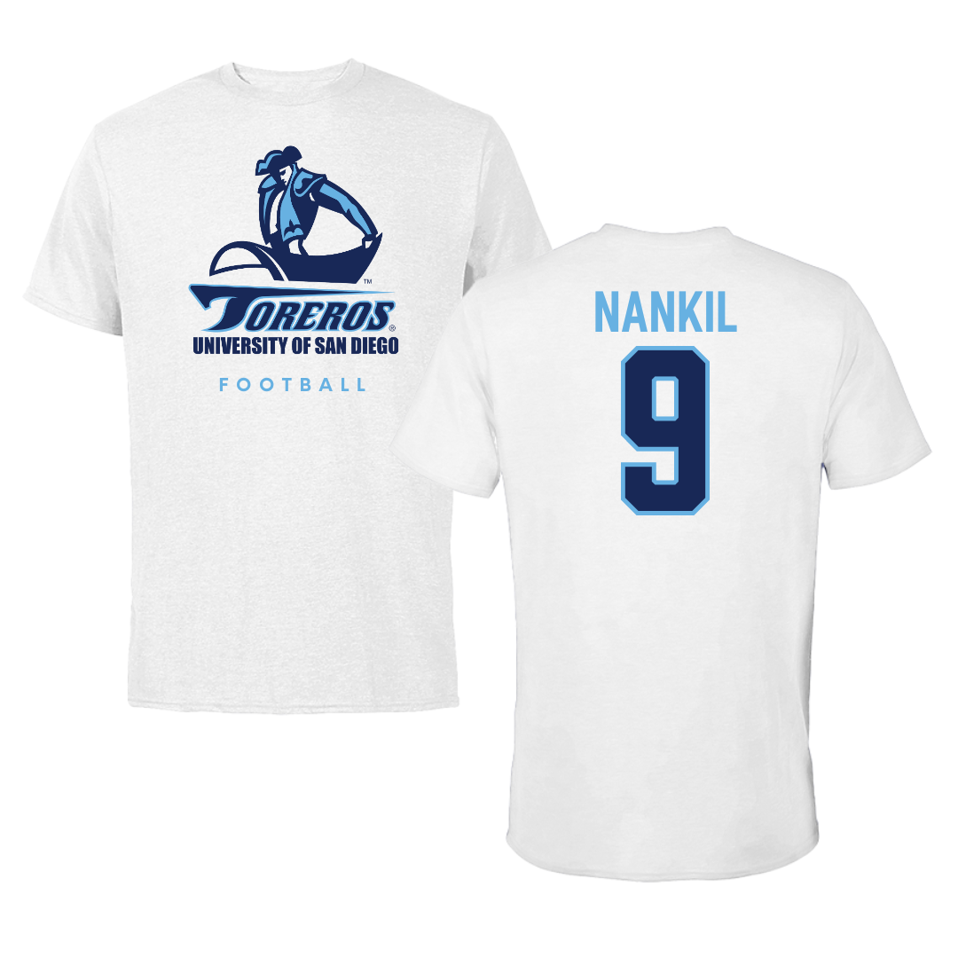 University of San Diego Football White Tee  - #9 Dom Nankil