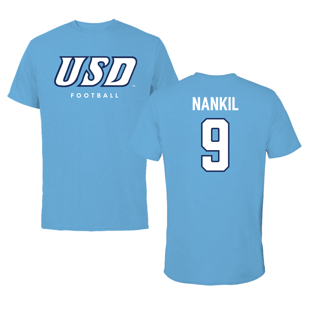 University of San Diego Football Carolina Blue Tee  - #9 Dom Nankil