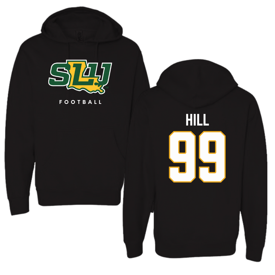 Sudadera con capucha negra de fútbol de la Universidad Southeastern Louisiana - #99 Charles Hill